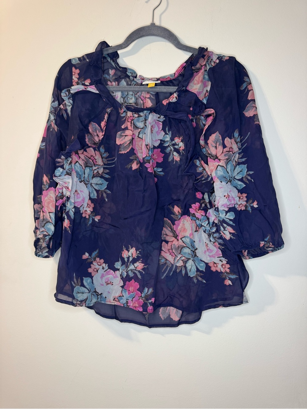 Leifsdottir 100% Silk Floral Blouse Navy Pink Blue Ruffle Neck Size 10